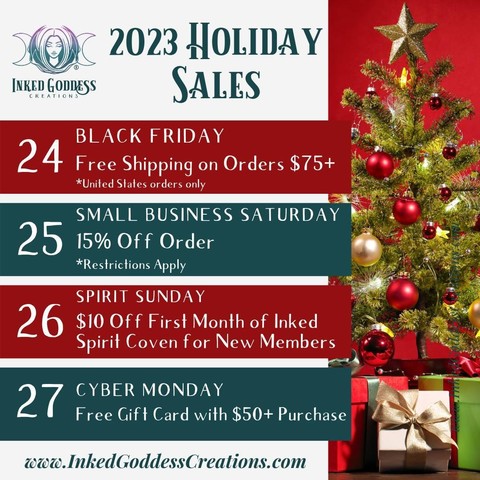 A graphic about December 2023's events from Inked Goddess Creations.