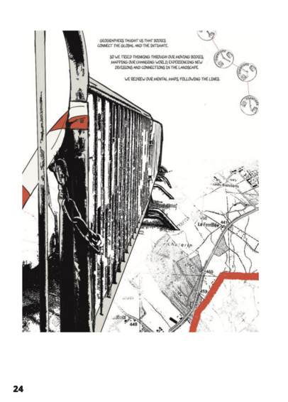 Image shows a line drawn moveable fence with red and white plastic tape, as though stretching over a map. The state border is marked in red, and the part across the border, in France, is faded and hard to see.
GEOGRAPHERS TAUGHT US THAT BODIES CONNECT THE GLOBAL AND THE INTIMATE. SO WE TRIED THINKING THROUGH OUR MOVING BODIES, MAPPING OUR CHANGING WORLD, EXPERIENCING NEW DIVISIONS AND CONNECTIONS IN THE LANDSCAPE. WE REDREW OUR MENTAL MAPS, FOLLOWING THE LINES.