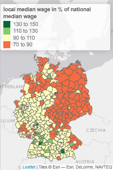 map of German districts showing local median wage in percent of national median wage