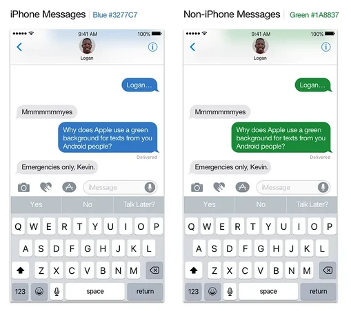 Two screw shots of apple messages, one with blue bubble response and one with green bubble response, but with the correct contrast ratio specified by apple.