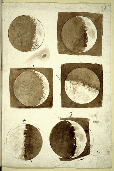 Galileo's set of six watercolours of the Moon in its various phases.