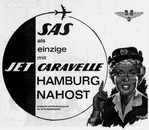 Eine Stewardess mit erhobenem Zeigefinger wirbt für die Airline SAS