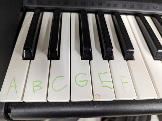 A piano keyboard whose keys have been mislabeled