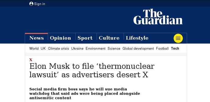 Elon Musk's thermonuclear lawsuit
Headlines The Guardian 2023 Nov.18