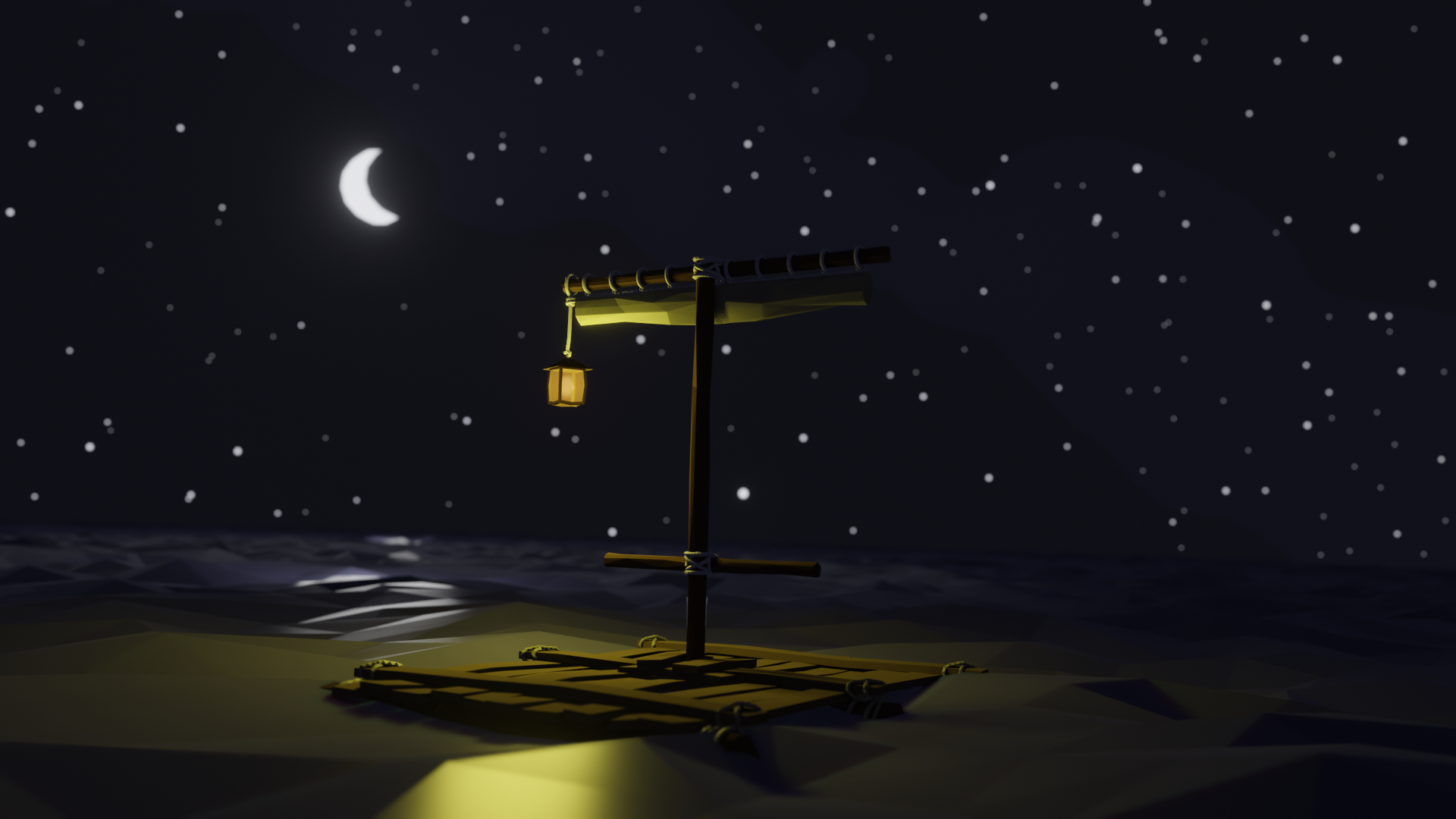 A low poly scene of a raft on the ocean, lit by a lantern hanging from its mast. The sky is lit by a large crescent moon and many stars