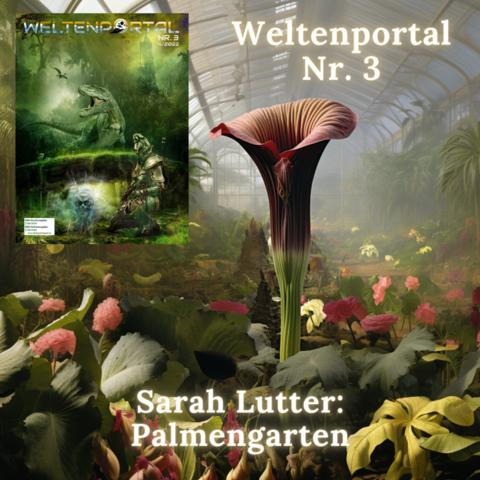 Cover des Literaturmagazins "Weltenportal" von Christoph Grimm, Ausgabe Nr. 3, 04/2022. Im Hintergrund ein Bild (Midjourney) von der Blüte einer großen Titanwurz in einem Gewächshaus aus dem Ende des 19.Jahrhunderts. Text: Sarah Lutter: Palmengarten