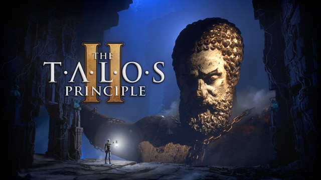 Title screen of The Talos Principle 2: in a dark cave, a humanoid robot holds a torch in front of a huge statue of Prometheus.