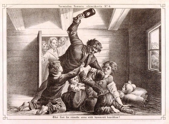 Turmiolan Tommi käy humalassa perheensä kimppuun, Alexandra Frosteruksen piirros vuodelta 1858.