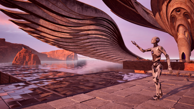 An android raising its hand to the sky. At the rear, a large, beautiful structure adorned with wings rests on the water.