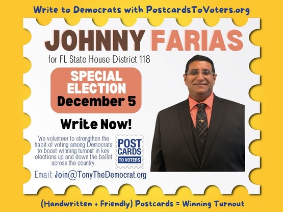 Johnny Farias Special Election December 5th

Write PostcardsToVoters now