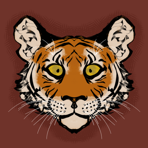 A digital painting of a tiger's head. Its ears are pointed forward, and its eyes are attentive. 