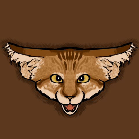A digital painting of a sand cat's head. Its ears are flattened, eyes are glaring, and its mouth is open in a snarl. 