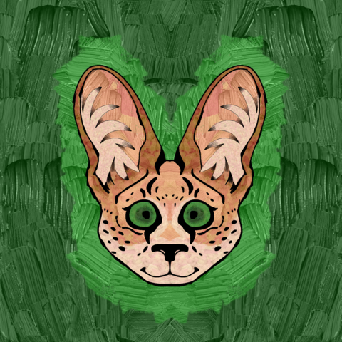 A digital painting of a serval's head. Its large ears are pointed upwards and its eyes are wide.