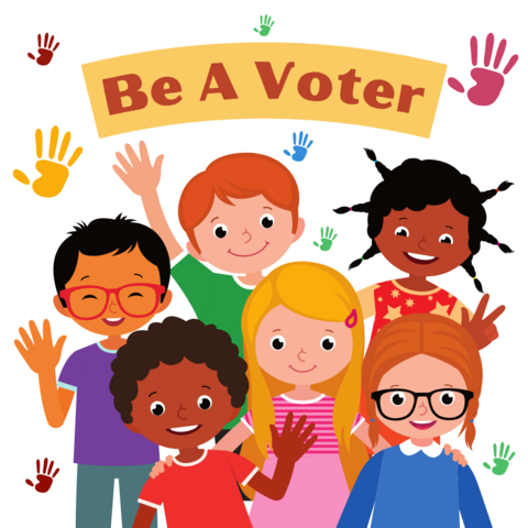Diverse group of smiling waving children

Banner saying "Be A Voter"
