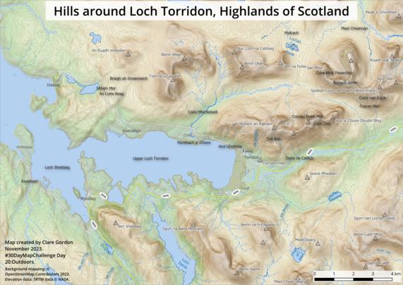Map of the hills around Loch Torridon in the Highlands of Scotland showing contours, hill names and colours to emphasise the hills surrounding the Loch.