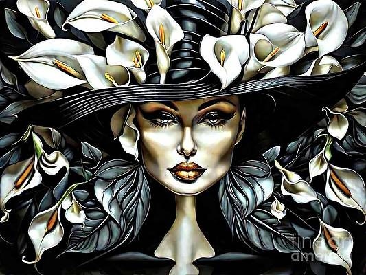 A female portrait - huge hat with profusion of callla lilies around the brim, black white,sophisticated,pale complection,gold lips,