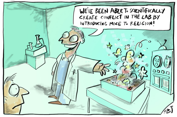 We are in the lab watching a scientist introduce others to a big punch up happening in the box on the table near  their recording machine:
WE'VE BEEN ABLE TO SCIENTIFICALLY CREATE CONFLICT IN THE LAB BY INTRODUCING MICE TO RELIGION!