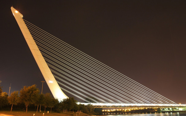 a close-up of the tall harp-like suspension , taken at night, lights on the ground and at the top point of it look cool at night 