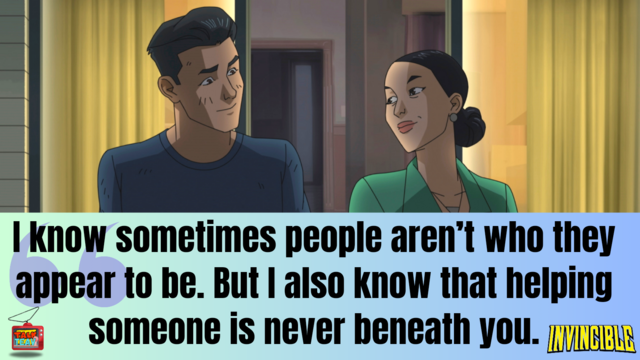 Image Pictured (L-R): Steven Yeun (Mark Grayson), Sandra Oh (Debbie Grayson) in the Prime Video Original animated series Invincible
Quote- "I know sometimes people aren’t who they appear to be. But I also know that helping someone is never beneath you." - Debbie Grayson