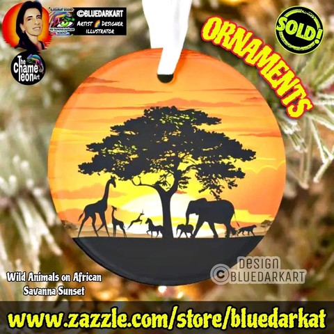 Wild animals on African Savanna Sunset, design Copyright BluedarkArt TheChameleonArt ● Christmas Ornaments available for sale in the BluedarkArt Zazzle Store