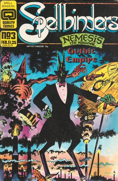 The front cover of Spellbinders No 3 from February 1987, featuring cover art by Kevin O'Neill of Nemesis the Warlock and Torquemada strolling through a steampunky landscape.