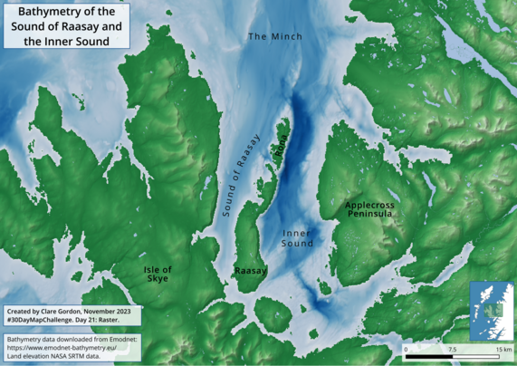 A map of the sea between the Isle of Skye and the Scottish Mainland.  Elevation is shown for the land, bathymetry for the sea with the deepest water in the Inner Sound between Raasay and Applecross.