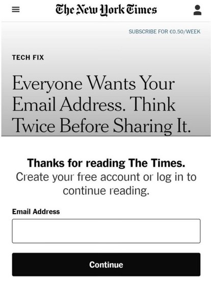 A sign in box requesting your email address to sign into the New York Times under a headline reading “Everyone Wants Your Email Address. Think Twice Before Sharing It."