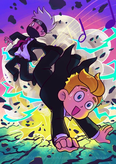 Illustration of Minecraft YouTubers Etho and Zedaph, being blown away by an explosion.