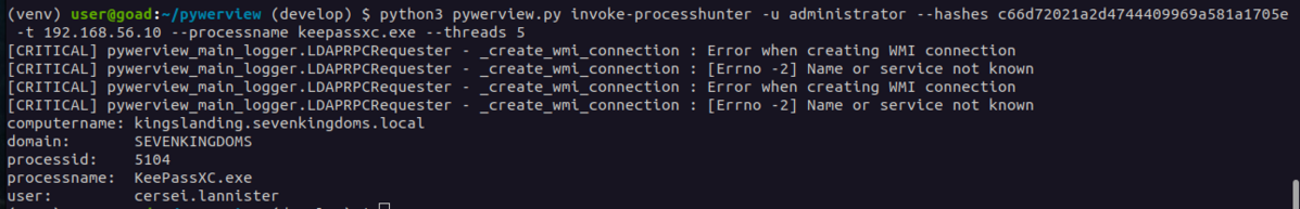 pywerview running invoke-processhunter module. The module found a keepass process running on a domain's server.