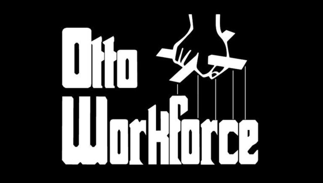 Het logo van de filmserie 'The Godfather' maar dan met de woorden 'Otto Workforce'.