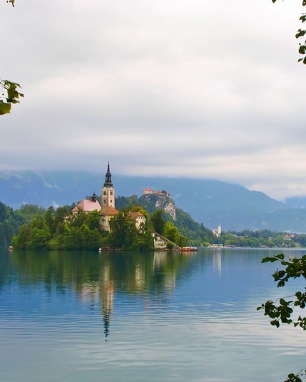 Lake Bled  and Bled Castle in the distance in Slovenia