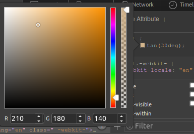 Screenshot. Shows Epiphany DevTools inserting the picker tool for the computed value of a --m custom property. This property is computed as tan(30deg).