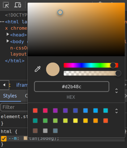Screenshot. Shows Chrome DevTools inserting the picker tool for the computed value of a --m custom property. This property is computed as tan(30deg).