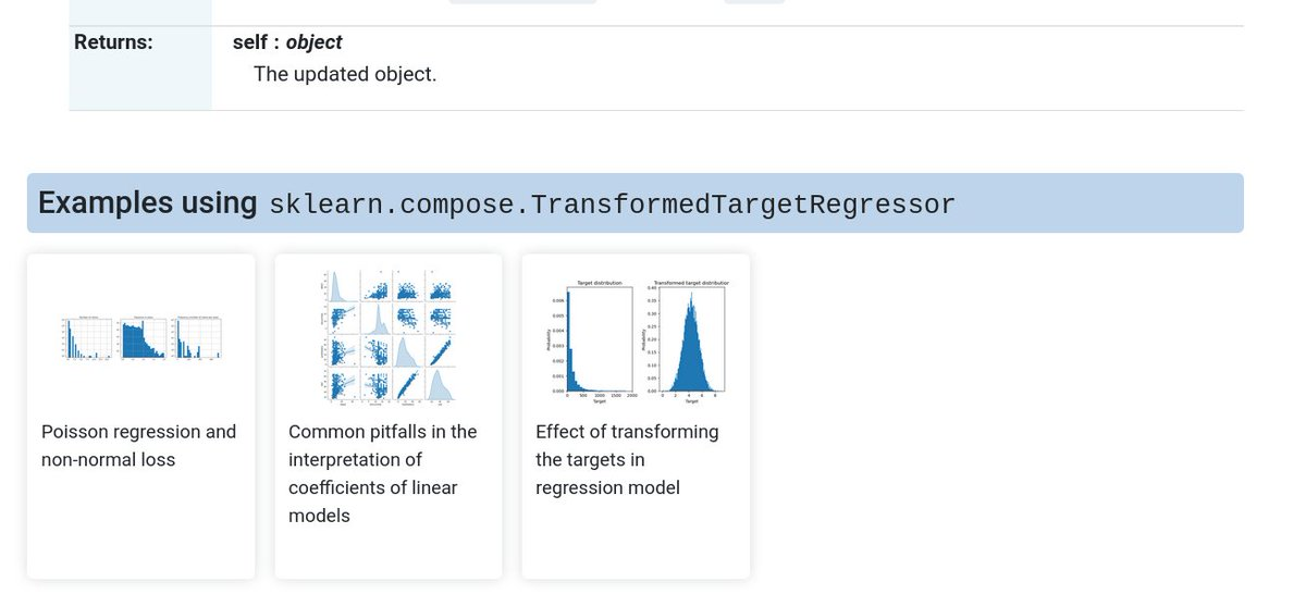 Examples on a given object (here scikit-learn's TransformTargetRegressor) linked at the end of the object's docstring