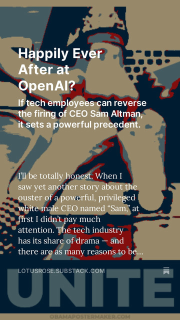 Substack article about the lessons from tech employees' successful action to change board policy and reinstate Sam Altman CEO of OpenAI