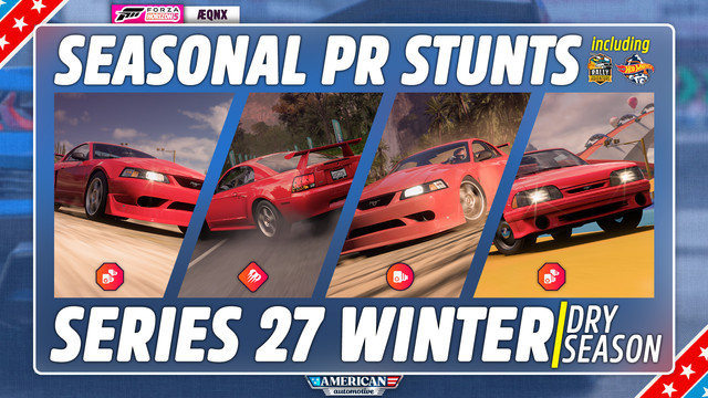 Thumbnail from the video, reading: "Seasonal PR Stunts including Rally Adventure and Hot Wheels, Series 27 Winter / Dry Season".

Four tiles picture different cars, representing the stunts' requirements, with an icon below to indicate which type of stunt each tile is: Speed Zone, Drift Zone, Speed Trap, Speed Zone.