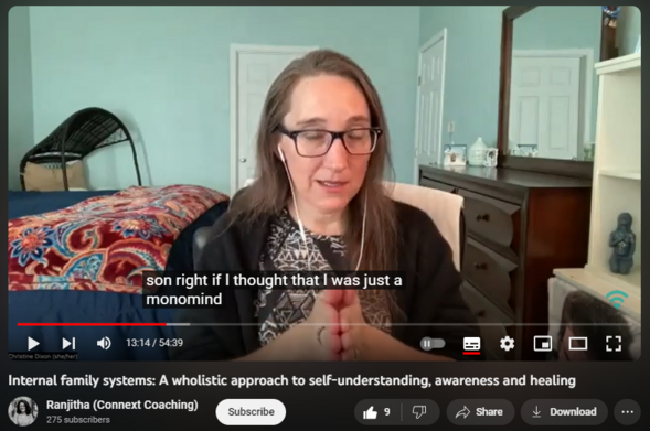 Internal family systems: A wholistic approach to self-understanding, awareness and healing
https://www.youtube.com/watch?v=Uy3YZ-6DZU0

75 views  17 Nov 2023  #SelfDiscovery #SubscribeNow #InternalFamilySystems
🌟 Uncover the Depths of Your Compassionate Self with Internal Family Systems (IFS) and Nonviolent Communication (NVC)! 🌟

I spoke to IFS facilitator, practitioner, and coach Christine Dixon of @theordinarysacred6664 on the link between NVC and IFS.

🌐 Discover the powerful connection between Internal Family Systems and NVC as they shed light on bringing awareness to our inner parts and fostering compassionate relationships.

🔍 Explore the intricate landscapes of your inner world as we delve into the profound principles of IFS, unveiling how these practices can enhance self-awareness and positively impact our connections with others.

🤔 Curious about the dynamic interplay between NVC and IFS? 🔄 Gain valuable insights into how these transformative approaches complement each other, creating a holistic framework for personal growth and relational harmony.

💬 Loved the insights shared? Drop a comment below and let us know your thoughts! 

🔔 Don't miss out on more inspiring conversations like this one! Hit that subscribe button to stay tuned for future episodes. 🚀 

#InternalFamilySystems #NonviolentCommunication #CompassionateLiving #SelfDiscovery #TransformativeConversations