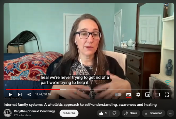 Internal family systems: A wholistic approach to self-understanding, awareness and healing
https://www.youtube.com/watch?v=Uy3YZ-6DZU0

75 views  17 Nov 2023  #SelfDiscovery #SubscribeNow #InternalFamilySystems
🌟 Uncover the Depths of Your Compassionate Self with Internal Family Systems (IFS) and Nonviolent Communication (NVC)! 🌟

I spoke to IFS facilitator, practitioner, and coach Christine Dixon of @theordinarysacred6664 on the link between NVC and IFS.

🌐 Discover the powerful connection between Internal Family Systems and NVC as they shed light on bringing awareness to our inner parts and fostering compassionate relationships.

🔍 Explore the intricate landscapes of your inner world as we delve into the profound principles of IFS, unveiling how these practices can enhance self-awareness and positively impact our connections with others.

🤔 Curious about the dynamic interplay between NVC and IFS? 🔄 Gain valuable insights into how these transformative approaches complement each other, creating a holistic framework for personal growth and relational harmony.