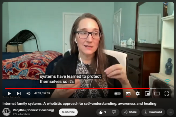 Internal family systems: A wholistic approach to self-understanding, awareness and healing
https://www.youtube.com/watch?v=Uy3YZ-6DZU0

75 views  17 Nov 2023  #SelfDiscovery #SubscribeNow #InternalFamilySystems
🌟 Uncover the Depths of Your Compassionate Self with Internal Family Systems (IFS) and Nonviolent Communication (NVC)! 🌟

I spoke to IFS facilitator, practitioner, and coach Christine Dixon of @theordinarysacred6664 on the link between NVC and IFS.

🌐 Discover the powerful connection between Internal Family Systems and NVC as they shed light on bringing awareness to our inner parts and fostering compassionate relationships.

🔍 Explore the intricate landscapes of your inner world as we delve into the profound principles of IFS, unveiling how these practices can enhance self-awareness and positively impact our connections with others.

🤔 Curious about the dynamic interplay between NVC and IFS? 🔄 Gain valuable insights into how these transformative approaches complement each other, creating a holistic framework for personal growth and relational harmony.