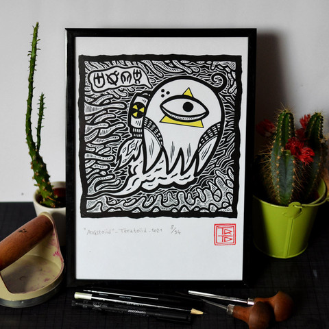 Angstoiid 2021 - Linocut printings on paper avalaible in limited edition on teratoiid.com & Etsy 😉 
.
.
.
.
#teratoiid #handmade #homemade #diyprint #homemadeprint #linocutting #linocut #linogravure #printmaker #reliefprint #monsterart #linoblock #linograbado #linoleografia #linosnede #linolschnitt #illustration #limitededition #frenchartist #monsterart #octopusart  #frameable #frameableart #monsterillustration #mastoart #mastodonart