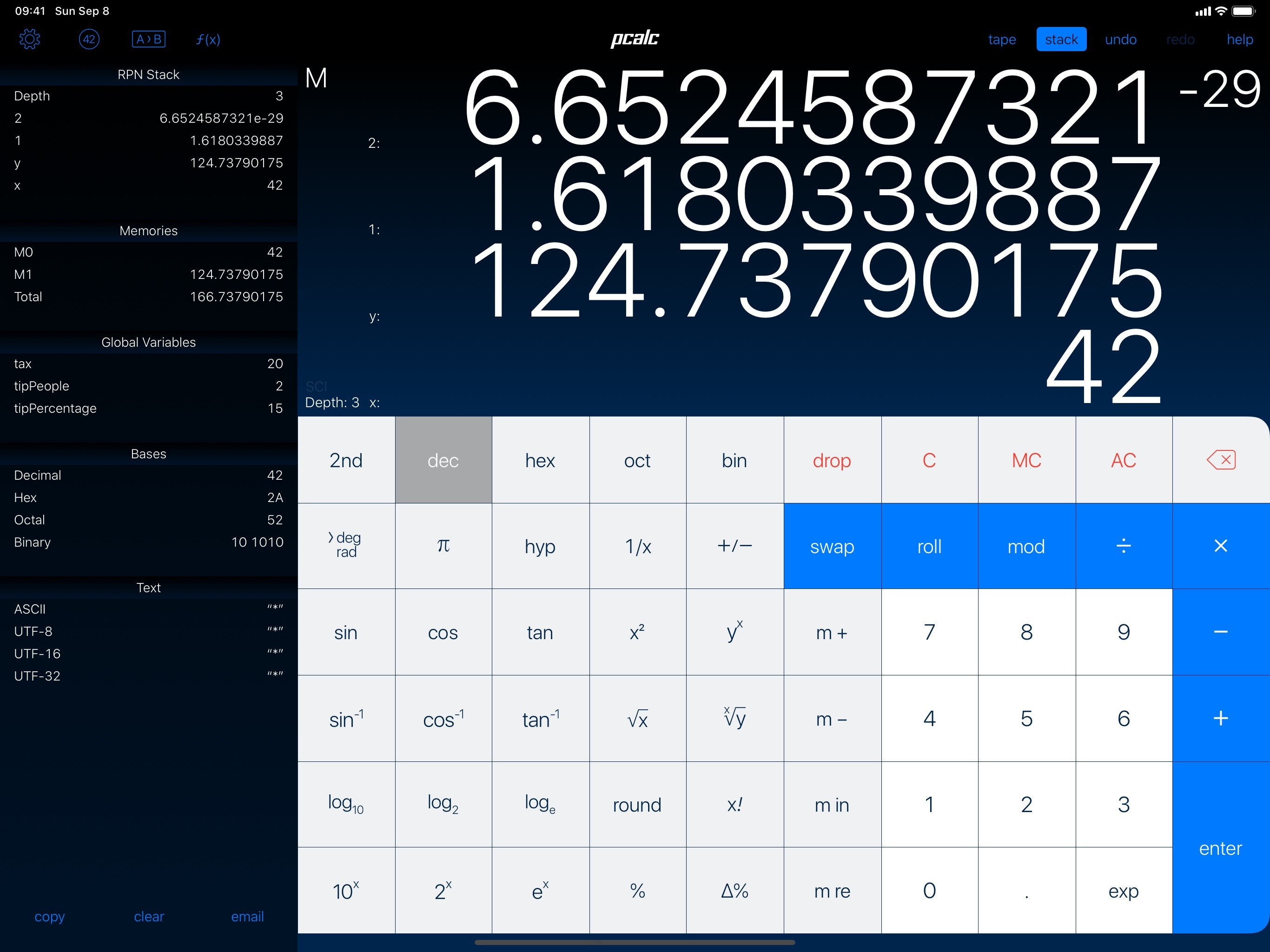 A screenshot of PCalc on iPad, showcasing features like multiple lines, and displaying the registers.