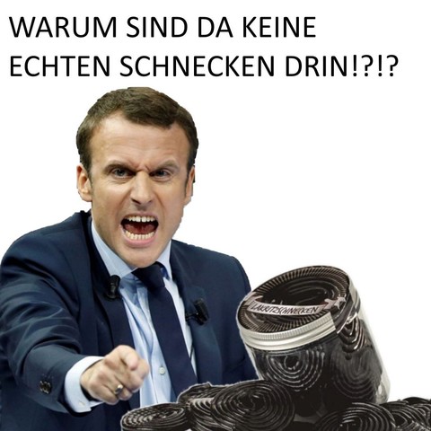 Im Vordergrund sieht man Lackritzschnecken, im Hintergrund steht ein Mann und schreit: "Warum sind da keine echten Schnecken drin?"