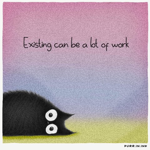 Pale pink and purple background with an exhausted black cat lying down on a yellow floor.
