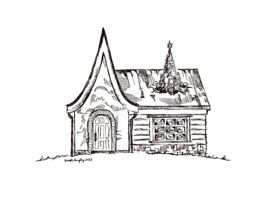 This is a drawing of a charming cottage in black ink. The cottage has an arched front door with a brick surround in a stucco wall. Above the door is a steep pitch roof with the gable facing us. The home has an irregular stone foundation. To the right is the rest of the home. A 9 pane window faces us, in a sided wall. The window is filled with tree branches and decorations. As we look up, we realize the tree with holiday decorations extends a good way out of the roof, through an apparent hole. The drawing is titled "Exact Fit", which is not the case.