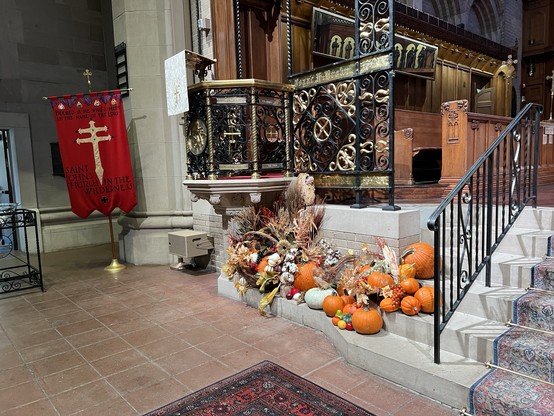 The Pulpit at Saint John’s Episcopal Cathedral in Denver, CO, decorated for the Thanksgiving Day service. 