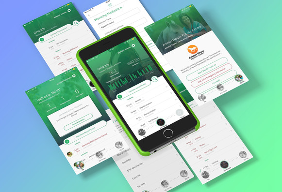A mockup showing seven screens from an app to manage horse health. They all have a green theme and clean, modern design.