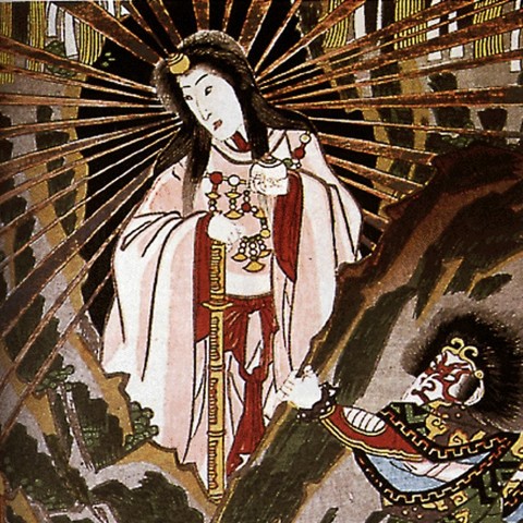 Amaterasu emerging from the cave, Ama-no-Iwato, to which she once retreated (detail of woodblock print by Kunisada)