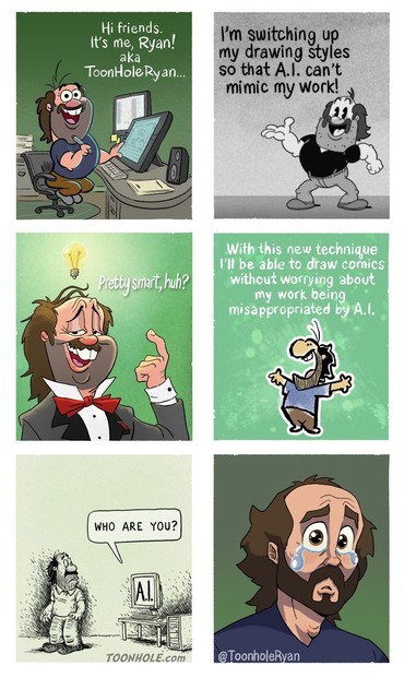 Comic strip where a comic artist explains his idea of using different drawing styles so that artificial intellegence cannot mimic his work