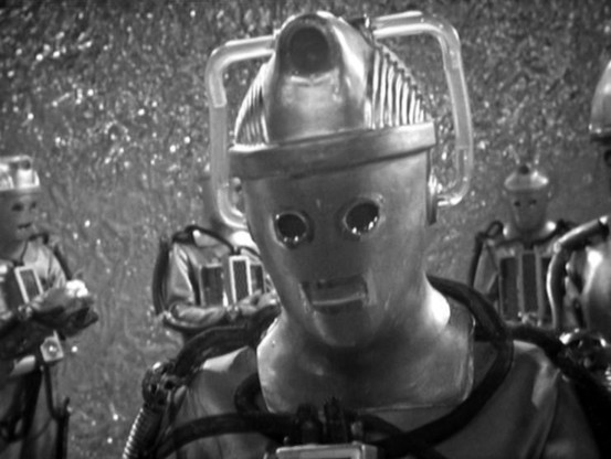 A classic Cyberman (in black and white) from THE TOMB OF THE CYBERMEN