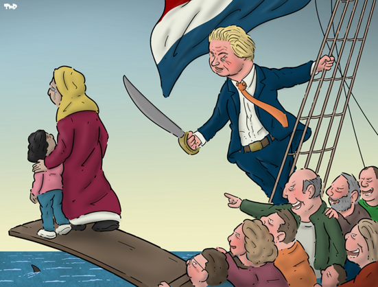Geert Wilders, dressed in his modern suit is on his Dutch fluyt, under the Netherlands flag, hanging on to his rope ladder, up above his jeering populus, holding his sword to force a woman in her headscarf and her daughter to jump off his plank into shark infested waters. 